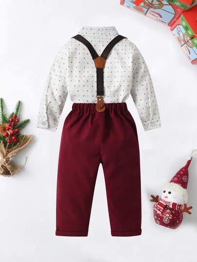 BOARNSEORL 2 pièces Tenue de jeune homme de type gentleman - Chemise à manches longues avec nœud papillon et pantalon à bretelles, mode et élégante pour le Noël, le Nouvel An, les mariages, les baby showers