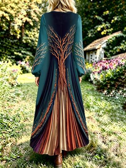 Robe style bohème grande taille pour femmes, robe longue mi-longue pour l'automne/l'hiver, décorée d'un imprimé arbre de vie, robe tricotée élégante à manches longues et col rond