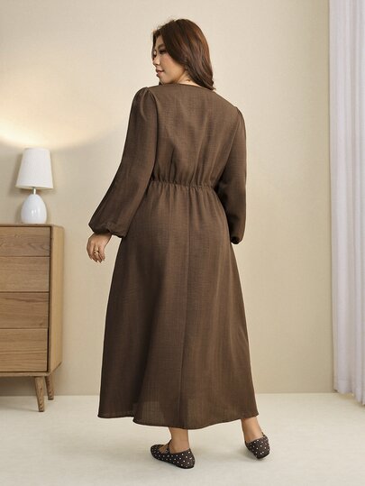 Edennvi Robe décontractée grande taille à col V, manches longues lanternes à volants, taille élastique et ourlet évasé