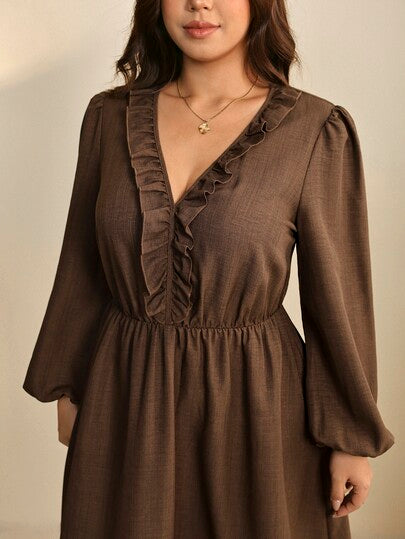 Edennvi Robe décontractée grande taille à col V, manches longues lanternes à volants, taille élastique et ourlet évasé