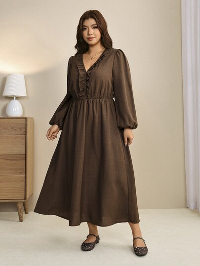 Edennvi Robe décontractée grande taille à col V, manches longues lanternes à volants, taille élastique et ourlet évasé