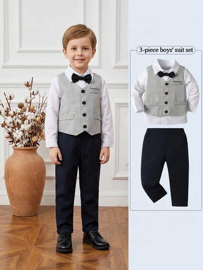 BOARNSEORL Ensemble de costume 3 pièces pour jeunes garçons, chemise blanche avec nœud papillon et gilet, pantalon long, style à la mode, convient pour les fêtes d'anniversaire, les sorties et les occasions formelles