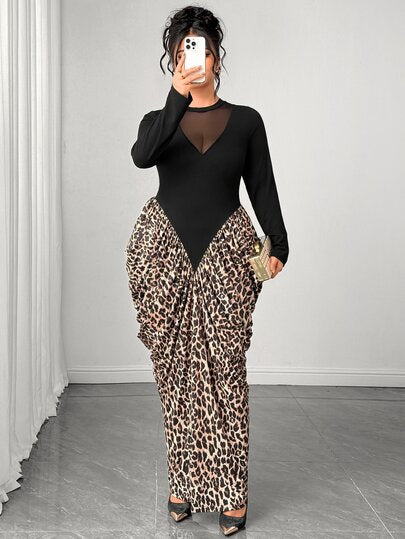 Elenzga Robe ajustée en tricot pour femmes grandes tailles automne/hiver avec patchwork en maille et imprimé léopard