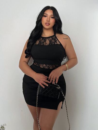 Firerie Robe de soirée cocktail d'été grande taille noire, élégante et sexy, col licou, semi-transparente, fente latérale, empiècement en dentelle, moulante, pour soirée, rendez-vous galant et fête