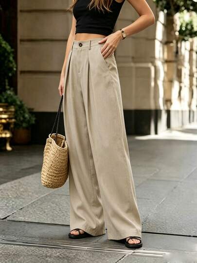 Holidaya Pantalon long ample plissé avec poches et boutons pour femmes