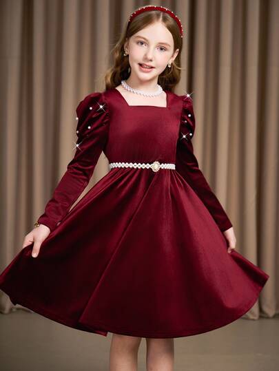 Sparklyn Robe élégante et mignonne de couleur unie rouge bordeaux à manches longues pour les filles préadolescentes, pour les fêtes d'automne et les dîners