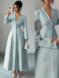 Elenzga Nouvelle robe longue femme à col cranté, manches longues, fausse poche, ouverture devant, coupe évasée. Décontractée, polyvalente, jeune et élégante pour la villégiature et le quotidien.
