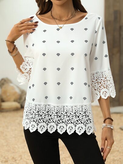 EMERY ROSE Blouse En Dentelle À Patchwork À Col Rond Pour Dames