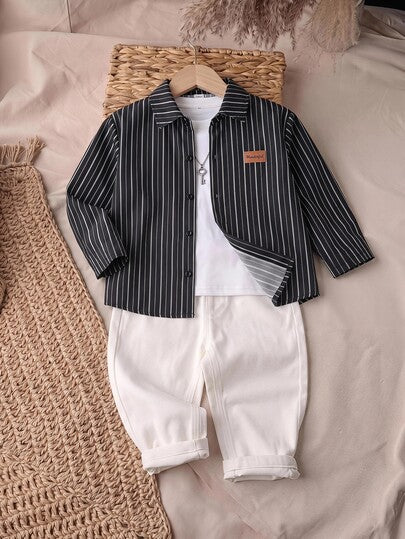 Ensemble 3 pièces pour garçon enfant/préado : chemise décontractée à manches longues, col rayé, coupe ample et ouverte sur le devant, pantalon droit unicolore et châle unicolore, convient pour l'école, le jardin, la plage et les anniversaires, printemps,
