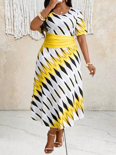 Villa Velisse Robe de soirée élégante à encolure ronde avec taille cintrée pour femmes grandes tailles, imprimé tout-sur-tout
