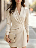 Balvessa Robe mini pour femme blanc crème, col à revers, taille froncée, manches longues, élégante, mature, décontractée, luxe, pour la Fête des enseignants, brunch, travail, bureau, automne