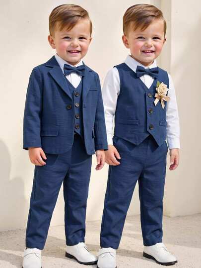 Ensemble de costume 2 pièces pour jeunes garçons, silhouette simple, bleu royal foncé à carreaux premium, avec cravate bleu royal foncé assortie, style minimaliste et élégant, convient pour la saison des mariages, mode preppy décontractée, confortable et