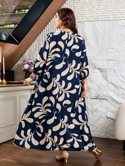 Lacomfia Robe décontractée à imprimé intégral, col rond, manches 3/4, coupe ample régulière, grande taille, printemps/été
