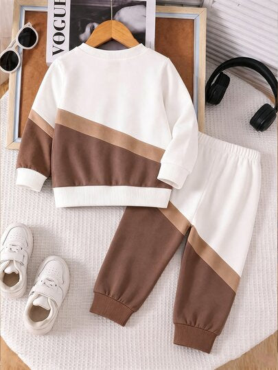 2 pièces/Ensemble sweat-shirt décontracté et confortable pour jeune garçon, motif imprimé numérique, Top à manches longues, tenue, vêtements d'automne/hiver, ensemble sweat-shirt et pantalon de survêtement col rond blanc & marron blocs de couleurs