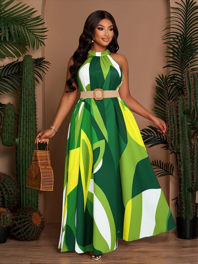 SOLERSUN Robe ample à imprimé pour femmes grandes tailles pour le printemps et l'été, robe dos nu avec lien au cou et cordon de serrage, coupe évasée. Robe d'été, robe longue pour vacances à la plage (avec poches latérales)