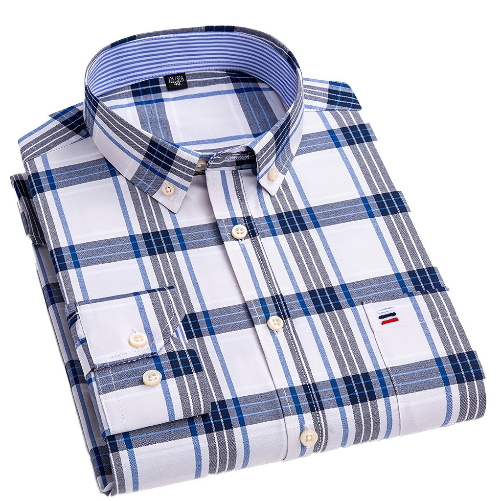 Chemise oxford ajustée pour homme, manches longues, boutonnée, motif à carreaux, poche poitrine, décontractée et formelle, collection printemps/automne, tissu durable