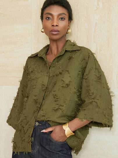 Aveloria Modichic Chemise décontractée à manches 3/4 vert olive, coupe décontractée, col classique, confortable à porter