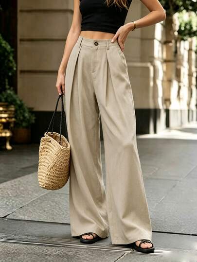 Holidaya Pantalon long ample plissé avec poches et boutons pour femmes