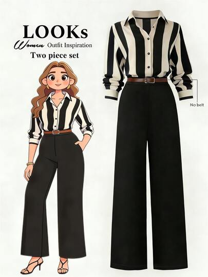 GlowEve Ensemble 2 pièces d'été grande taille pour femme : chemise rayée et pantalon droit uni. Tenue décontractée et polyvalente idéale pour les trajets quotidiens. Chemise décontractée et pantalon noir taille haute assorti. Parfait pour le bureau, les d