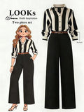 GlowEve Ensemble 2 pièces d'été grande taille pour femme : chemise rayée et pantalon droit uni. Tenue décontractée et polyvalente idéale pour les trajets quotidiens. Chemise décontractée et pantalon noir taille haute assorti. Parfait pour le bureau, les d