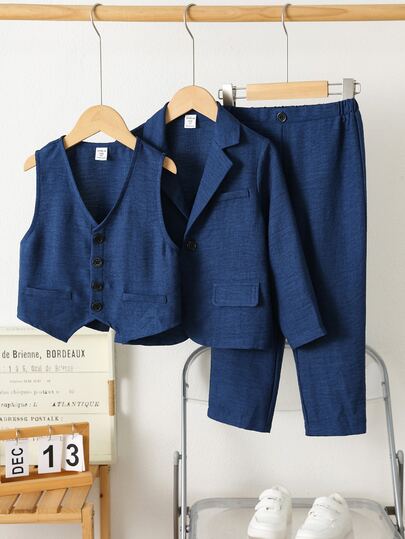 Ensemble de costume 2 pièces pour jeunes garçons, silhouette simple, bleu royal foncé à carreaux premium, avec cravate bleu royal foncé assortie, style minimaliste et élégant, convient pour la saison des mariages, mode preppy décontractée, confortable et
