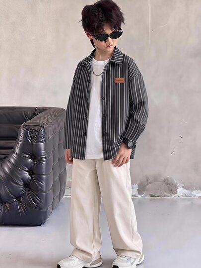 Ensemble 3 pièces pour garçon enfant/préado : chemise décontractée à manches longues, col rayé, coupe ample et ouverte sur le devant, pantalon droit unicolore et châle unicolore, convient pour l'école, le jardin, la plage et les anniversaires, printemps,