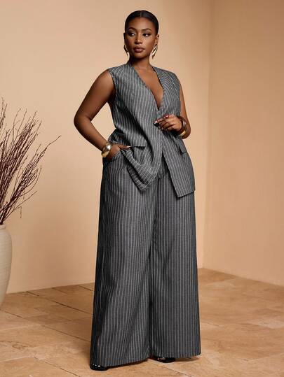 Veslaya Nouveau printemps/été Élégant Navette & Élégant Fête & Rendez-vous & Digne Gris & Blanc Rayé Blazer Style Lâche Régulier Cardigan Top Et Pantalon Jambe Large Extra Long Avec Poches Femmes grande taille Ensemble 2 Pièces - A