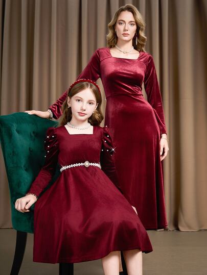 Sparklyn Robe élégante et mignonne de couleur unie rouge bordeaux à manches longues pour les filles préadolescentes, pour les fêtes d'automne et les dîners