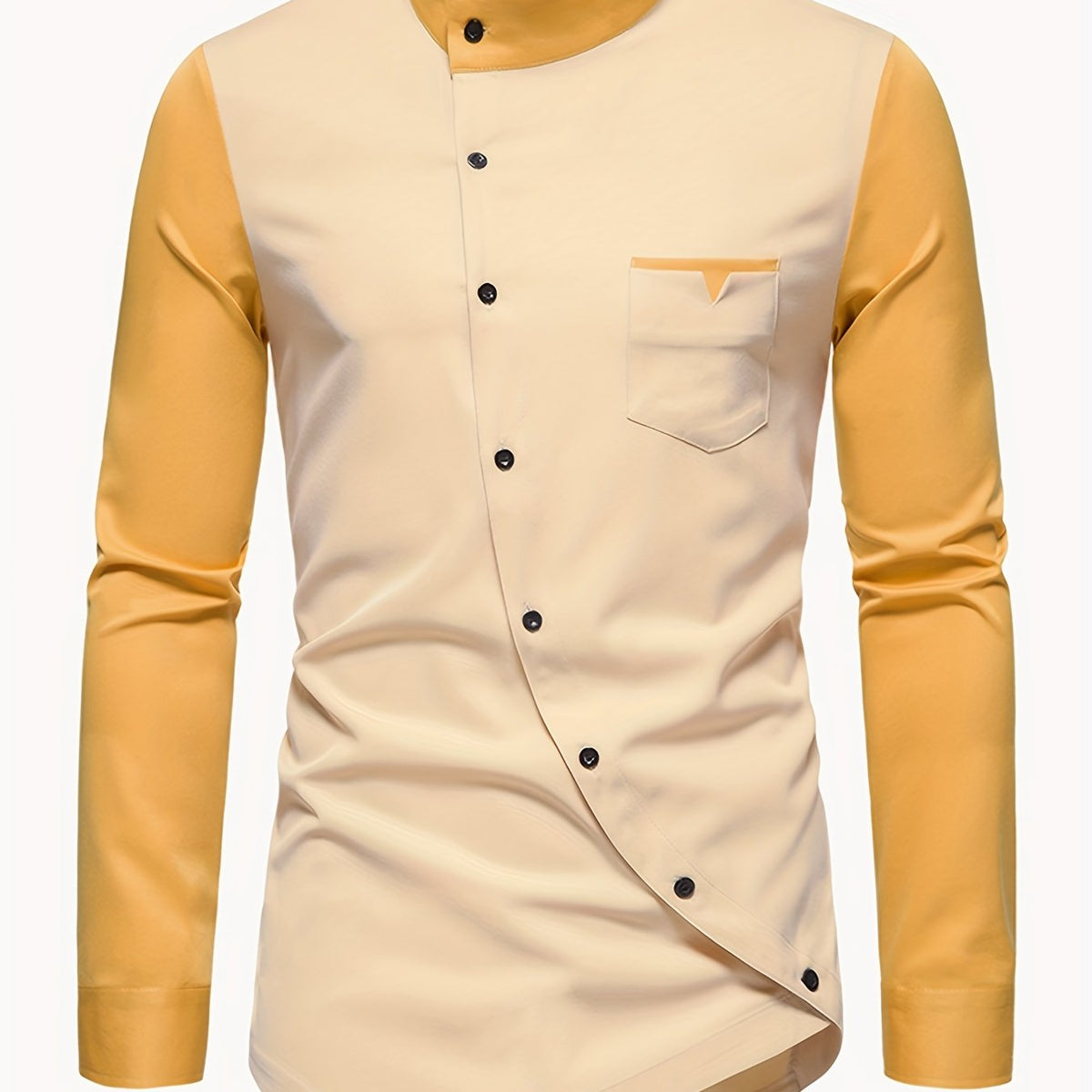 [Chemise col Henry irrégulière] Chemise haut de gamme à col Henry, taille jeunesse européenne, commerce extérieur, boutons en biais, blocs de couleur irréguliers