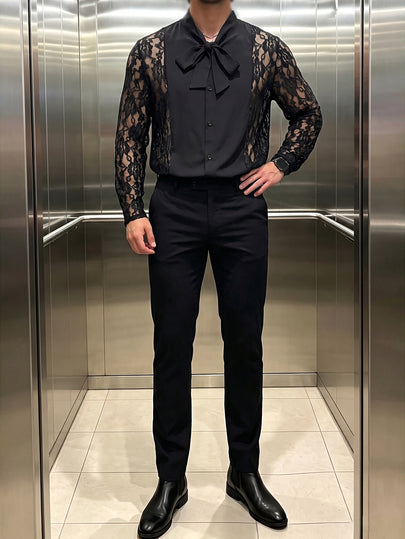 Manfinity Dauomo Chemise pour homme en dentelle transparente avec col nœud papillon