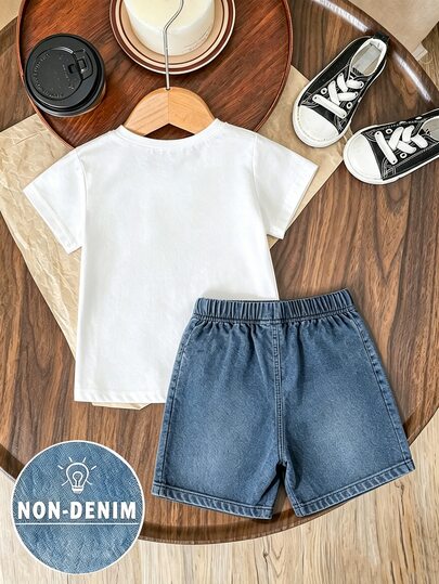 Ensemble T-shirt col rond manches courtes et short pour jeune garçon, 2 pièces, design motif lettres aspect denim, porteur d'alliances pour rassemblements de vacances, blanc d'été