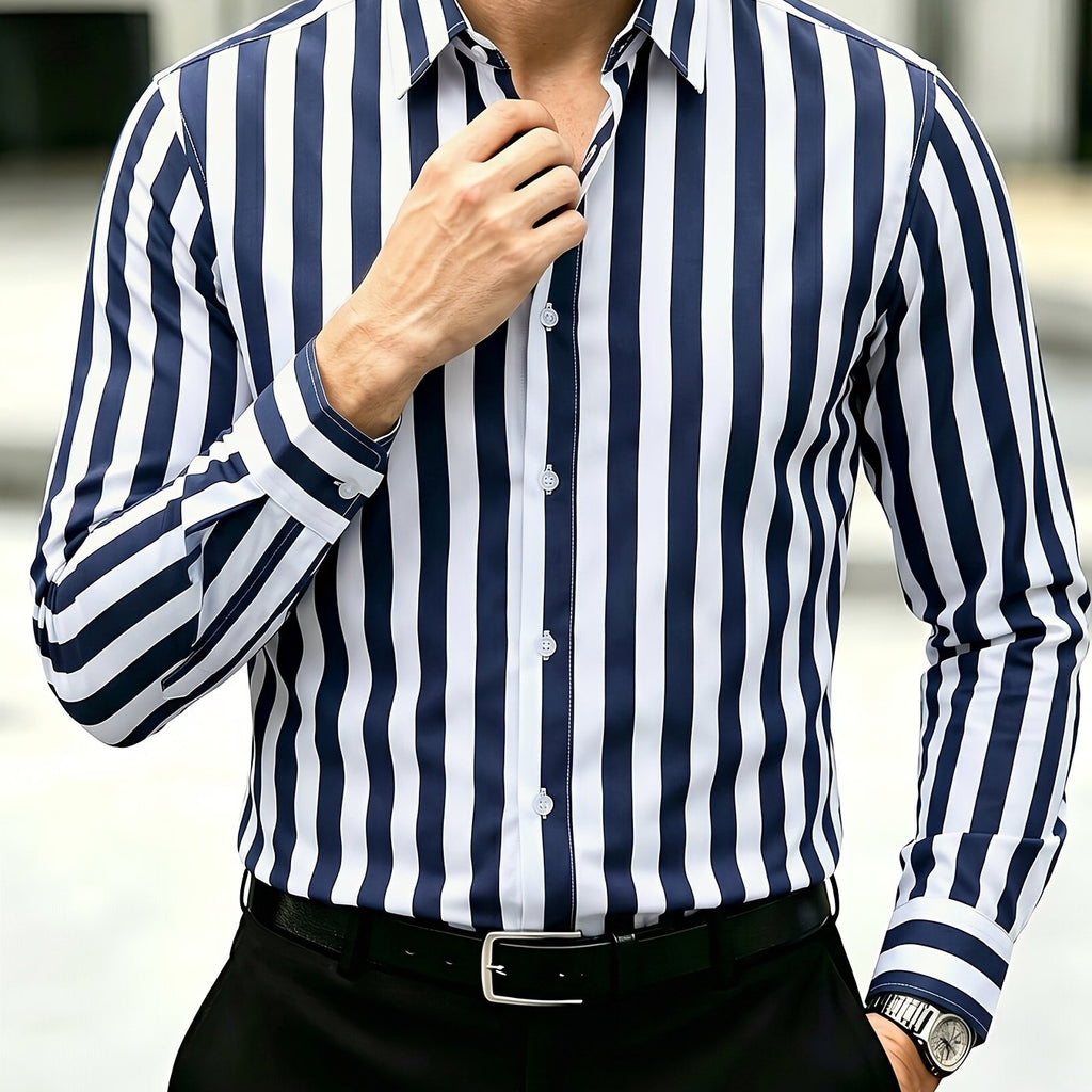 [Cadeau de Vacances] Nouvelle Chemise à Manches Longues Épaisse à Rayures Verticales avec Col Tourné, Chemise Élégante pour Homme d'Affaires et Navetteur, Cadeau de Vacances