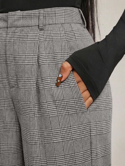 Radiana Pantalon large ample à pied-de-poule marron pour femmes grande taille, pantalon de ville, pantalon large marron, pantalon large taille haute, pantalon de costume marron, pantalon taille haute marron, pantalon long, pantalon décontracté ample, styl