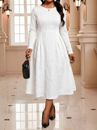 Robe grande taille mode décontractée élégante pour le travail, couleur unie texturée, automne, mariage, brunch formel, blanc intégral