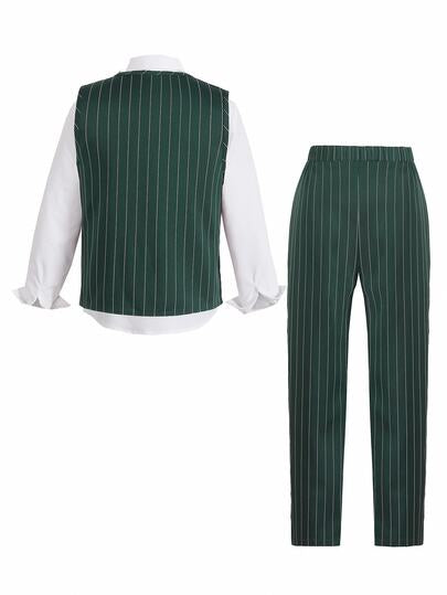 Ensemble 2 pièces pour garçon préadolescent vert foncé style gentleman preppy formel : gilet, pantalon, tenue de mariage traditionnelle élégante d'automne pour garçon d'honneur, porteur d'alliances, blanc