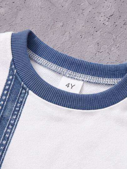 Ensemble sweat-shirt pour garçons (petit) avec imprimé rayures verticales bleu faux denim sur le corps, deux rayures bleues sur les manches, logo lettre bleu simple sur la poitrine gauche, poignets côtelés, coupe ample, style sweat-shirt sweat-shirt, pant