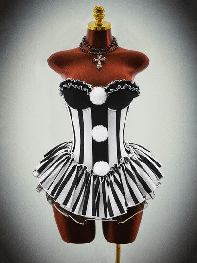 ICON Costume de clown gothique Moonlight Clown à rayures noires & blanches, robe mini sans bretelles, style sexy, convient pour une tenue d'Halloween