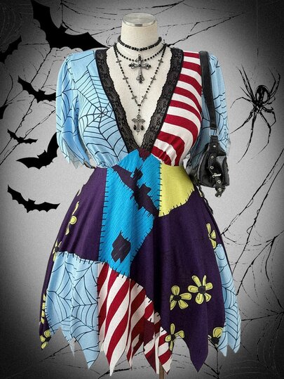 Sunspun Robe gothique mode pour femmes grandes tailles, imprimé toile d'araignée, dentelle contrastée, ourlet asymétrique, violet foncé, été, fête d'Halloween, club