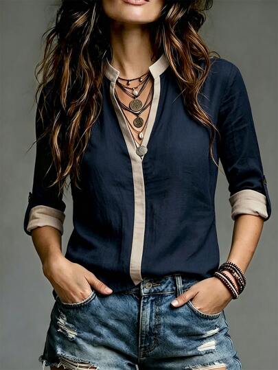 Blouse élégante pour femmes à texture douce et blocs de couleurs, col mi-ouvert, poignets ajustables, Top décontracté pour tous les jours