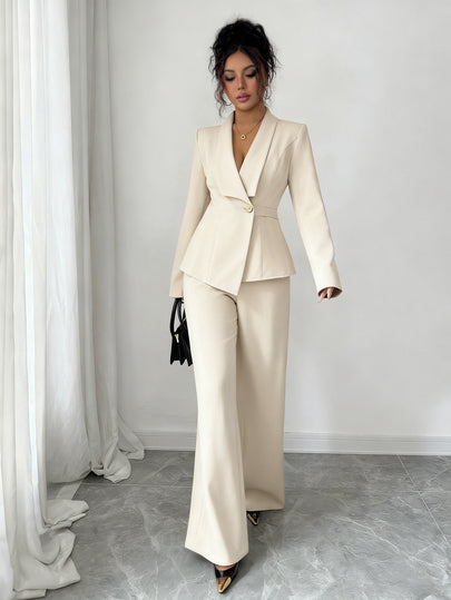 Elenzga Ensemble tailleur pour femmes, tissu de costume, col châle, manches longues, taille cintrée coupe évasée avec ourlet asymétrique, décoration de boutons métalliques, sophistiqué et élégant pour le bureau, les déplacements, le style de rue, le roman