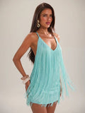 BAE Robe moulante à fines bretelles et dos nu avec col en V et franges, pour femmes. Convient pour les vacances à la plage, les loisirs entre sœurs, les vacances bohèmes sexy. Robe à franges, robe vert menthe
