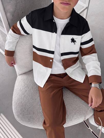 2 pièces Ensemble chemise-veste à col et manches longues & pantalon décontracté pour garçon préadolescent, Y2K, convient pour l'automne/l'hiver, l'école, les réunions de famille, la rentrée scolaire, les sports, tenue d'automne, tenue d'hiver