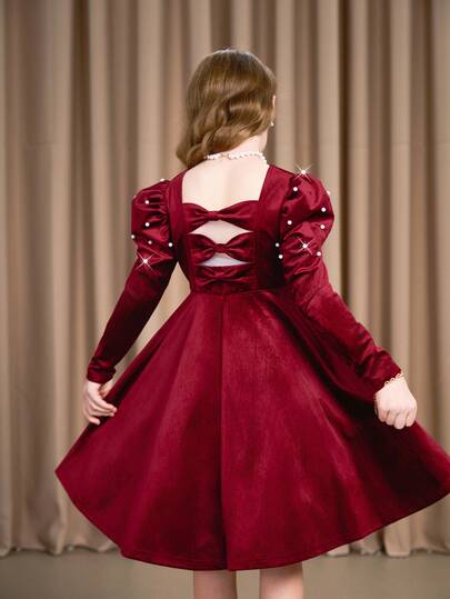 Sparklyn Robe élégante et mignonne de couleur unie rouge bordeaux à manches longues pour les filles préadolescentes, pour les fêtes d'automne et les dîners