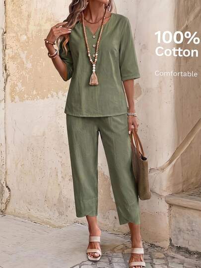 EMERY ROSE Ensemble chemise col V couleur unie et pantalon 3/4 pour femmes, idéal pour les vacances
