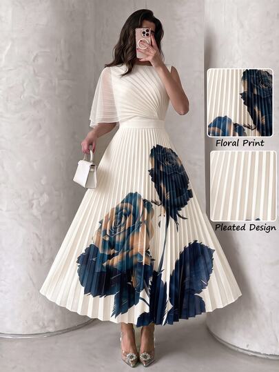 Modelyn Robe élégante pour femmes à col rond, taille froncée avec imprimé placé. Robe évasée gracieuse et romantique, polyvalente pour le travail, les sorties décontracté et les vacances, printemps/été