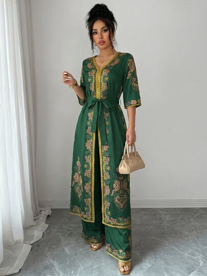 Selianne Ensemble 2 pièces pour femme, nouvelle collection printemps/été, chemise longue bohème à imprimé moyen-oriental avec col en V, taille cintrée, manches chauve-souris longues, bordure dorée contrastante, chemise à manches longues et courtes + panta