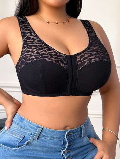 DesireSculpt Soutien-gorge à fermeture frontale avec patchwork en dentelle pour femmes grandes tailles