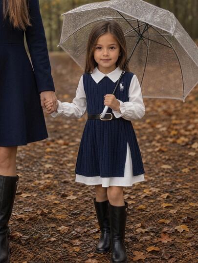 Emery Rose Kids Emery Rose Kids Robe décontractée pour jeune fille avec broderie chevalier, col à revers contrasté et manches longues