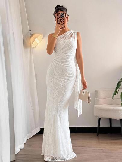 Firerie Robe longue ajustée pour femme, style élégant romantique et sexy, col asymétrique, mode estivale pour le travail, convient pour soirée, dîner, mariage formel, mariage blanc