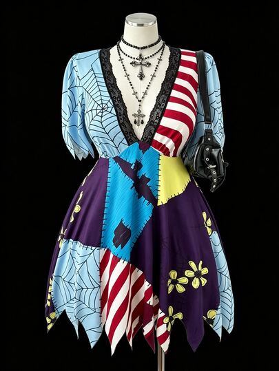 Sunspun Robe gothique mode pour femmes grandes tailles, imprimé toile d'araignée, dentelle contrastée, ourlet asymétrique, violet foncé, été, fête d'Halloween, club